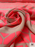 Geometric Striped Matte-Side Printed Silk Charmeuse Panel - Neon Coral / Tan