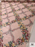 Floral and Ribbon Grid Printed Cotton Lawn - Light Pink / Dusty Pink / Dark Sage / Turmeric