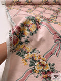 Floral and Ribbon Grid Printed Cotton Lawn - Light Pink / Dusty Pink / Dark Sage / Turmeric