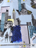 New York City Theme Printed Polyester Zibeline - Sky Blue / Royal Blue / Black / Yellow