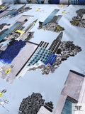 New York City Theme Printed Polyester Zibeline - Sky Blue / Royal Blue / Black / Yellow