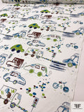 Car and Bicycle Drawing Printed Cotton Lawn - Lime / Brown / Teal / Off-White