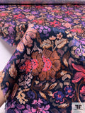 Painterly Floral Printed Fine Polyester Twill - Navy / Pink / Violet / Brown