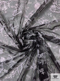Fine Printed Tulle with Floral Leaf Embroidered Design - Black / White / Beige