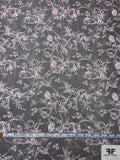 Fine Printed Tulle with Floral Leaf Embroidered Design - Black / White / Beige