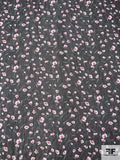 Ditsy Floral Printed Finely Striped Polyester Chiffon - Strawberry / Evergreen / Black / White