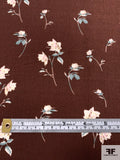 Feminine Floral Stems Printed Polyester Peachskin - Cinnamon Brown / Dusty Turquoise / Off-White / Pink