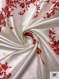 Romantic Floral Branches Printed Silk-Cotton Mikado - Red / Pearl White