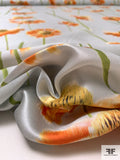 Floral Stems Printed Silk-Cotton Mikado - Orange / Pear Green / Light Grey