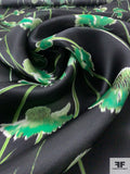 Floral Stems Printed Satin Face Organza - Greens / Black