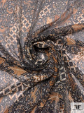 Multi-Pattern Collage Printed Crinkled Silk Chiffon - Copper Brown / Black / Light Beige