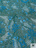 Exotic Collage Matte-Side Printed Silk Charmeuse - Dark Green / Turquoise / White
