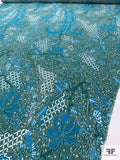 Exotic Collage Matte-Side Printed Silk Charmeuse - Dark Green / Turquoise / White