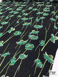 Floral Stems Printed Silk Georgette - Greens / Black
