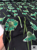 Floral Stems Printed Silk Georgette - Greens / Black