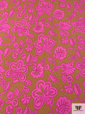 Italian Groovy Floral Printed Terry Back Cotton Jersey Knit - Bright Pink / Dark Pink / Ochre