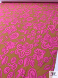 Italian Groovy Floral Printed Terry Back Cotton Jersey Knit - Bright Pink / Dark Pink / Ochre