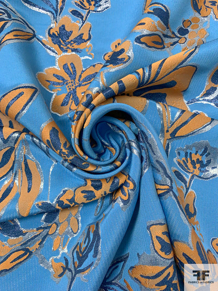 Italian Floral Silk Blend Lightweight Metallic Brocade - Blue