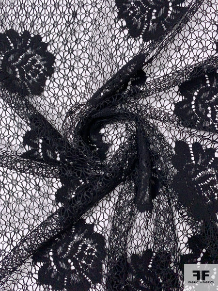 Double Border Pattern Floral Crochet-Look Lace - Black | FABRICS