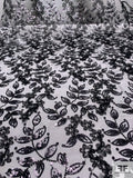 Leaf Design Tulle with Beads, Sequins, and Ribbon Tulle - Black
