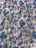 Abstract Floral Printed Metallic Textured Fil Coupé Organza - Blue / Salmon Pink / Gold / Blush