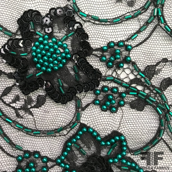 Teal Gold Black embroidery Beads Lace Fabric 50” Width 1 Yard