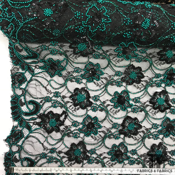 Teal Gold Black embroidery Beads Lace Fabric 50” Width 1 Yard