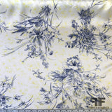 Floral Line-Drawing Silk Charmeuse - White/Navy/Yellow - Fabrics & Fabrics