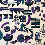 Abstract Ethnic Printed Silk Crepe - Cream/Purple/Teal/Black