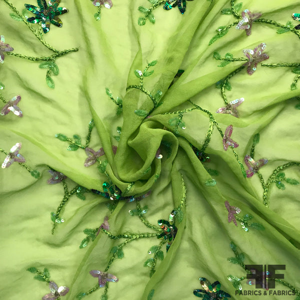Floral Embroidered Sequin/Beaded Silk Chiffon Green Fabrics & Fabrics