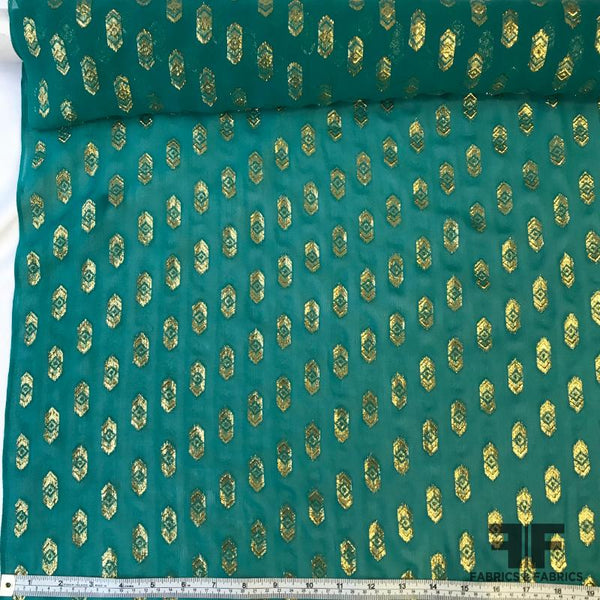 Metallic Geometric Jacquard Pattern on Silk Chiffon - Green/Gold