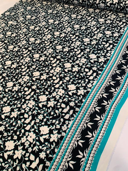 Turquoise Print Floral Sari Fabric By The Yard