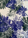 Large Tropical Leaf Printed Stretch Cotton Pique - Spruce Green / Royal Blue / White