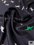 Birds in Flight Printed Silk Twill Panel with Slight Glitter - Black / Off-White / Emerald Green
