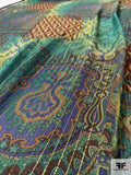 Italian Boho-Ethnic Collage Printed Crinkled Silk Chiffon with Lurex Stripes - Green / Brown / Blue / Gold