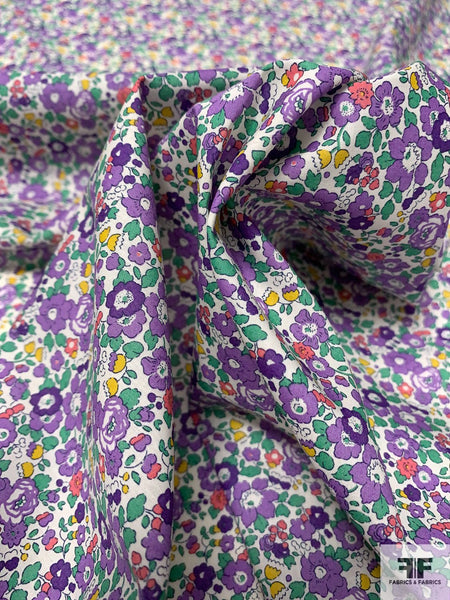 Ditsy Floral Printed Stretch Cotton Poplin - Sand/Green/Lavender