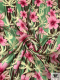 Tropical Floral Printed Silk Charmeuse - Green / Pink / Berry / Burgundy-Brown