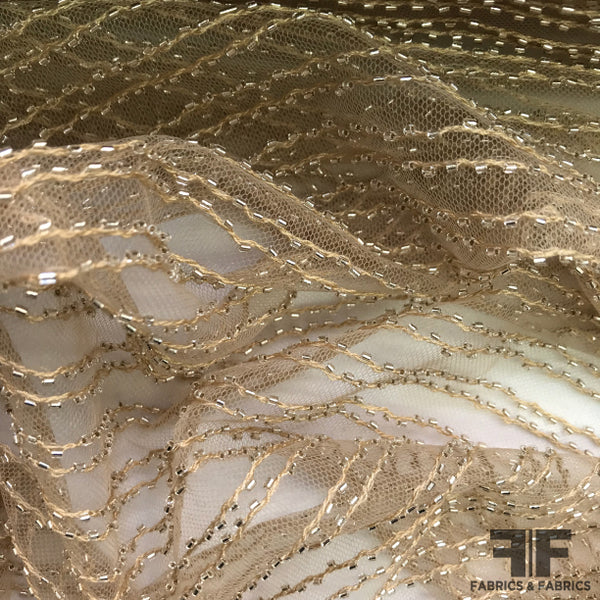 Nude Striped Beaded Netting Fabrics & Fabrics