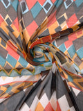 Geometric Boho Printed Crinkled Silk Chiffon - Oranges / Brown / Teal / Skky Blue / Off-White