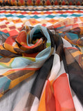 Geometric Boho Printed Crinkled Silk Chiffon - Oranges / Brown / Teal / Skky Blue / Off-White