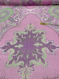 Paisley Rug Inspired Printed Silk Chiffon with Lurex Pinstripes - Orchid Pink / Green / Silver