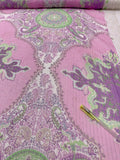Paisley Rug Inspired Printed Silk Chiffon with Lurex Pinstripes - Orchid Pink / Green / Silver