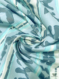 Abstract and Striped Printed Silk Taffeta - Dusty Teal / Turquoise / Light Blue / White