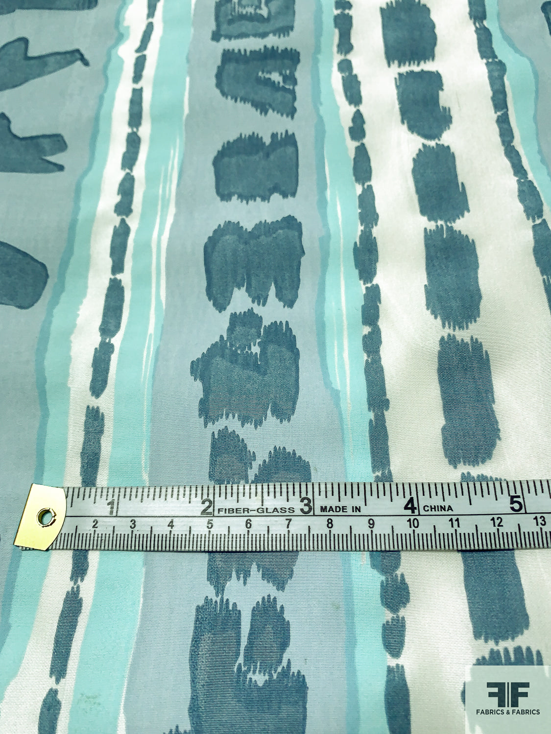 Abstract and Striped Printed Silk Taffeta - Dusty Teal / Turquoise / Light Blue / White