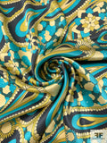 Pucci-esque Paisley Printed Silk Charmeuse - Turquoise / Navy / Olive-Chartreuse / Yellow Cream