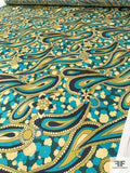 Pucci-esque Paisley Printed Silk Charmeuse - Turquoise / Navy / Olive-Chartreuse / Yellow Cream