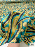 Pucci-esque Paisley Printed Silk Charmeuse - Turquoise / Navy / Olive-Chartreuse / Yellow Cream
