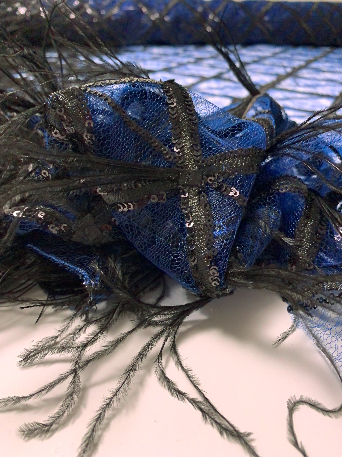 Sequined and Embroidered Tulle with Ostrich Feathers - Blue / Black