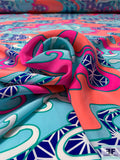 Groovy Graphic Matte-Side Printed Silk Charmeuse - Aqua / Blue / Neon Coral / Neon Pink