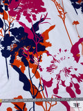 Italian Exotic Floral Silhouette Printed Fine Stretch Cotton Twill - Orange / Navy / Raspberry / Ice Off-White